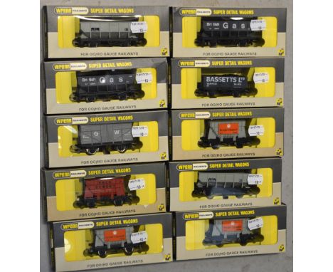 Tri-ang Wrenn H0/00 gauge rolling stock comprising three W5080 cement wagons, two W4644 hopper wagons, a W5074 coal wagon wit