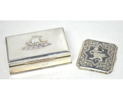 A sterling silver cigarette box with wooden liner, Viking ship decoration to the top, marked to rim 'Bangkok Bowling Club 193