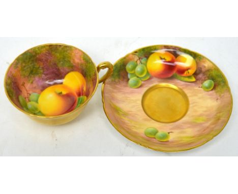 Royal Worcester; a porcelain cup and saucer painted by Leighton Maybury, date codes for 1953-1955.   CONDITION REPORT  Wear t