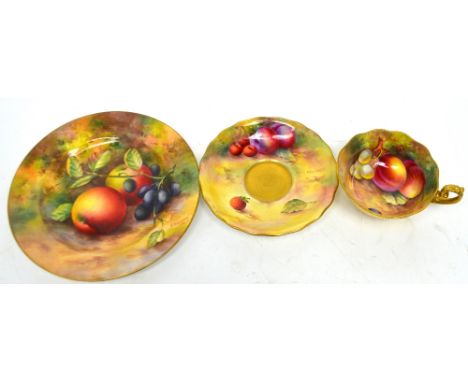Royal Worcester; a porcelain trio painted with fruits by Edward Townsend, date codes for 1926, 1929 and 1930.
