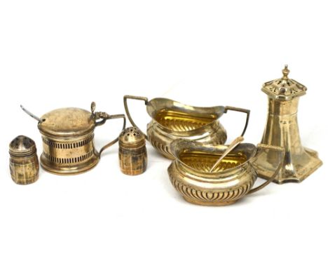 A quantity of hallmarked silver cruet items and a miniature hallmarked silver twin-handled basin and matching jug, various ha