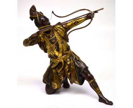 A good Japanese Meiji period bronze and gilt-heightened figure of a warrior drawing an arrow and with wakizashi tucked in his