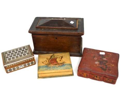 A 19th century oak tea caddy, lacking interior, a small Oriental box and an early 20th century box with a painted sailing shi