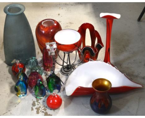 A quantity of glassware to include four glass paperweights modelled as penguins, vases and a Bohemia crystal candlestick etc.