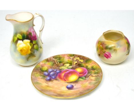 Royal Worcester Hadley ware; a jug painted with roses, unsigned, date code for 1907, a small vase G161, date code 1923 and a 