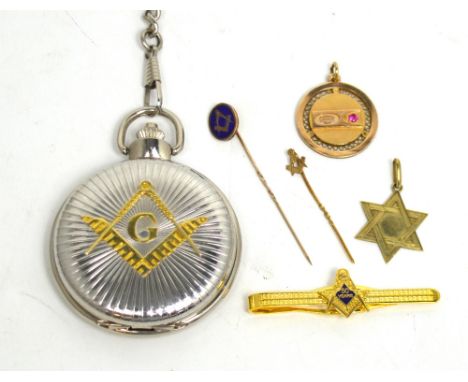 A base metal Masonic full hunter crown-wind pocket watch, two 9ct yellow gold Masonic stick pins, two 9ct yellow gold Masonic