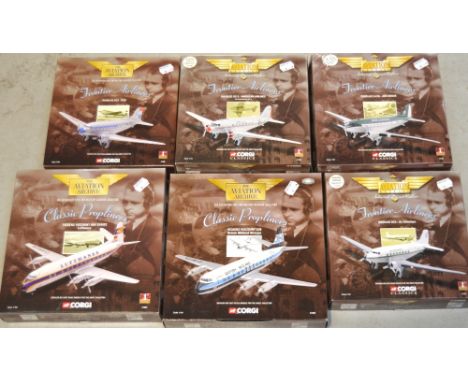 Corgi 'The Aviation Archive'; six diecast scale model aircraft from the 'Frontier Airliners Collection' and the 'Classic Prop