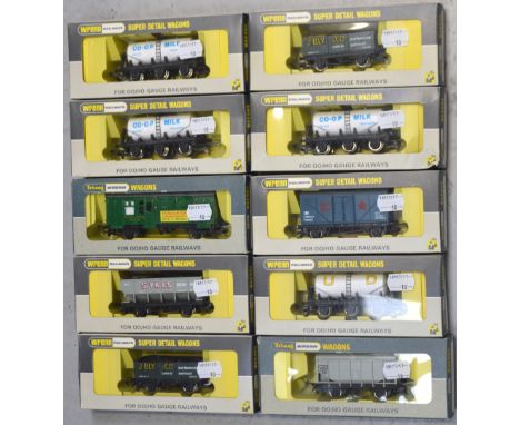 Tri-ang Wrenn H0/00 gauge rolling stock comprising a W4625 20 ton bulk grain wagon, two W5000 coal wagons, a W4657 milk wagon
