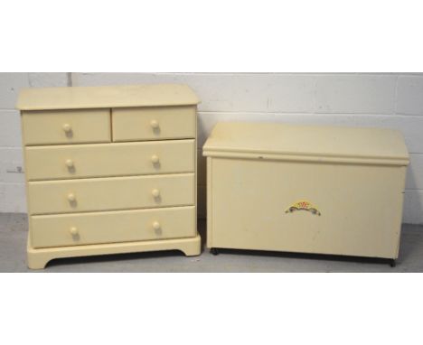 A cream-painted two-over-three chest of drawers on bracket feet, width 80cm and a similar blanket box on castors, width 91cm 