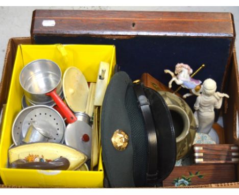 A box of mixed collectibles to include vintage Chad Valley iron and other vintage toys, an oak canteen, letter rack etc.