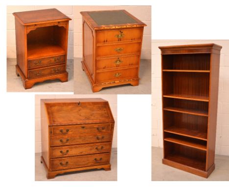 A yew wood bureau on bracket feet, width 80cm, two further similar cabinets; one a filing cabinet with green leather top, fau