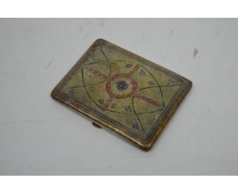 An Indian silver and enamel decorated cigarette case, width 10cm, approx 3.6ozt.