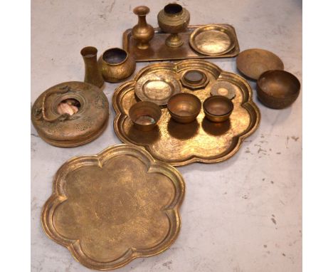 A quantity of mainly Sri Lankan (Ceylon) brassware to include a hanging lantern, trays etc.