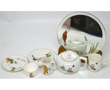 A c1930s children's tea service decorated with nursery rhyme figures, to include a cup, saucer, plate, teapot, sugar bowl and