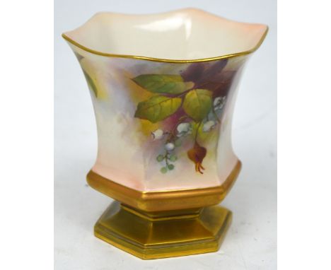 Royal Worcester; a shaped hexagonal vase painted with roses by H Martin, no2371, date code 1912, height 11.5cm, diameter 10cm