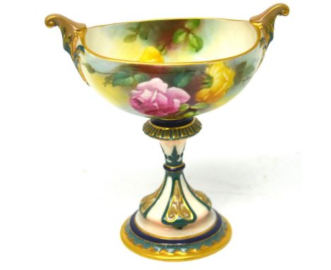 Royal Worcester Hadley ware; an oval pedestal bowl, painted with roses by M Blake H280, date code 1910, height to top of hand