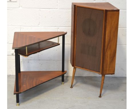 A retro teak-finish angular freestanding speaker on rounded tapering supports, width 53cm and a similar table with ebonised s