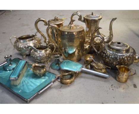 A quantity of silver plated items to include a four-piece tea service etc and a vintage chromed and enamel effect four-piece 