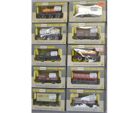 Tri-ang Wrenn H0/00 gauge rolling stock comprising a W5066 Skol beer tanker, a W5036 hopper wagon, four W5026 mineral wagons,
