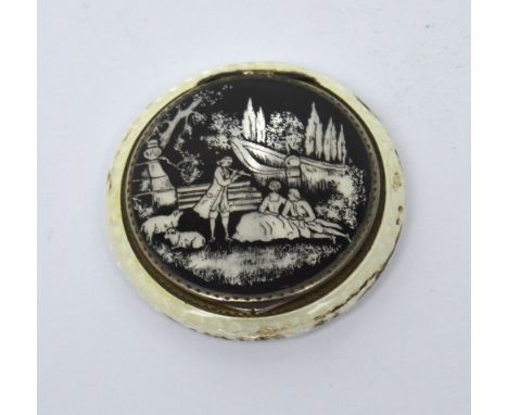 A miniature hallmarked silver and enamel compact, width approx 4.5cm (af).