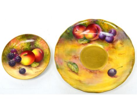 Royal Worcester; a pin dish and saucer, both painted with fruits by Edward Townsend, date codes for 1933 and 1926 respectivel