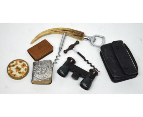 A collectors' lot containing a horn handle bottle opener, a cased set of opera glasses, a Coty compact, a miniature book, a 1