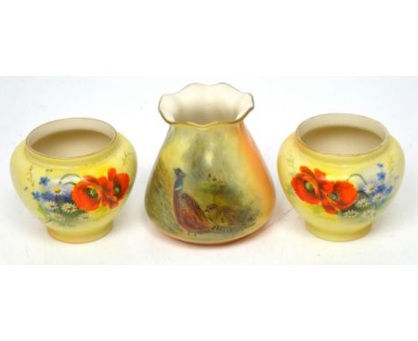 Royal Worcester; a vase painted with pheasants by Stinton (restoration), height 8.5cm and a pair of Locke & Co vases painted 