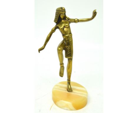 An Art Deco style bronze figure depicting a semi nude Egyptian maiden, raised on oval onyx base, height 20cm.