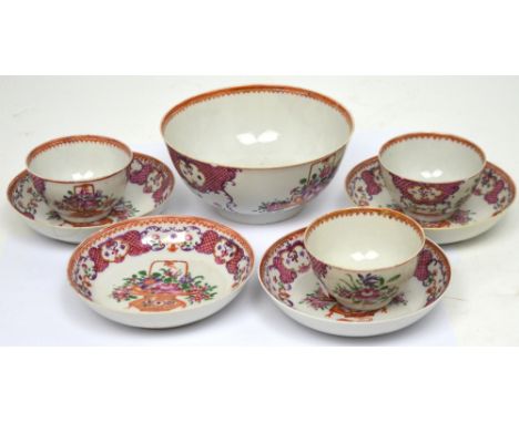Newhall; four early 19th century saucers, three matching tea bowls and a tea slop bowl, decorated in the Chinese style, famil