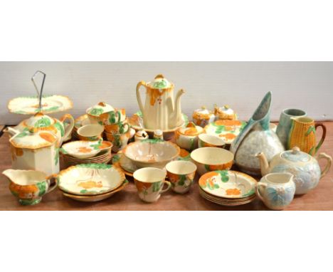 A quantity of hand-painted Art Deco J & G Meakin 'Jacobean Ware' teaware and dinnerware to include a two-tier cakestand, a te