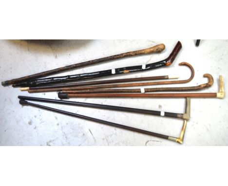 A quantity of walking sticks to include a horn-handled example with hallmarked silver collar and a Victorian swagger stick wi