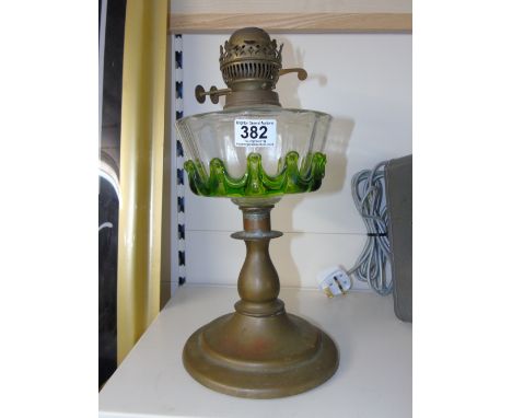 BRASS BASED OIL LAMP WITH CLEAR & GREEN GLASS RESERVOIR