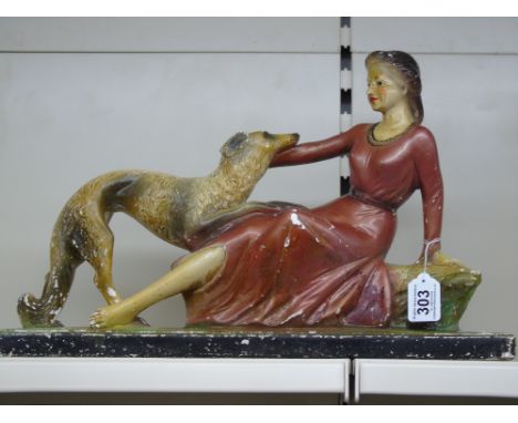 ART DECO PLASTER FIGURE OF A LADY & DOG