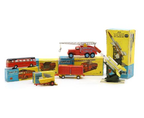 Five Corgi Major diecast toys 1108, Bloodhound guided missile, 51, Massey-Ferguson 30 cwt trailer, 1120, Midland Red Motorway