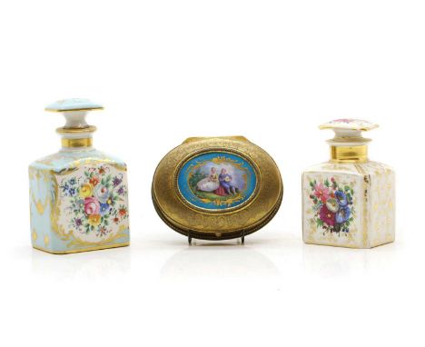 A French porcelain mounted engraved brass manicure box, late 19th century, of oval form, fitted with accouterments, lacking p