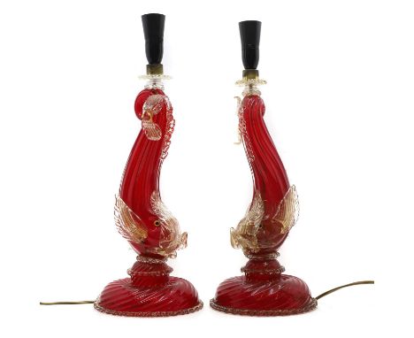 A pair of Murano glass table lamps c.1970, each formed as a dolphin, with aventurine inclusions,52.5cm high (2)Condition Repo