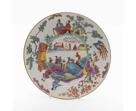 A Chinese porcelain plate c.1725, Dutch decorated with Chinoiserie figures and a goat in a landscape based upon a Meissen ori
