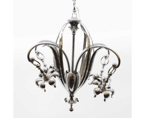 An Art Nouveau silvered hanging four branch ceiling light, of organic form, with hinged flower form light fittings, 57cm wide