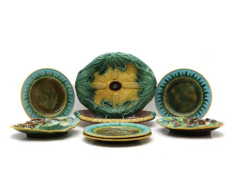 A pair of George Jones majolica fruit plates  19th century, moulded with fruit leaves and twigs, impressed and painted marks,