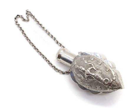 An Indian silver scent bottle, c.1900, of shaped teardrop form, with scrolled panels each side with a goddess, screw top, wit