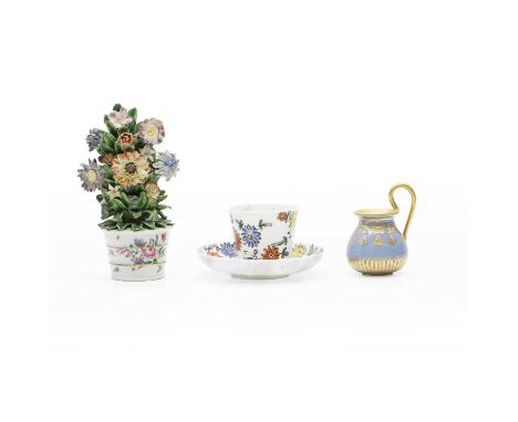 A Bow porcelain ornament 18th century, in the form of a pot of flowers, with polychrome decoration, anchor and dagger mark16c
