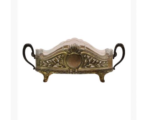 An Art Nouveau glass and silver plated planter, 20th century, of pierced form with laurel panels,52cm wideCondition ReportTar