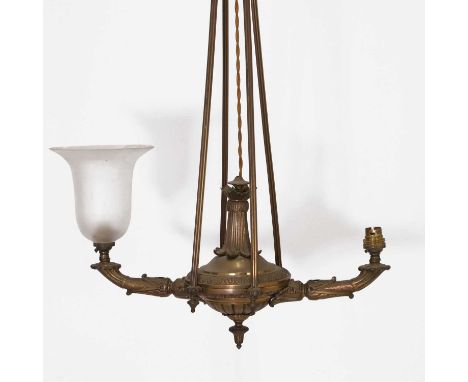 An Empire-style two-branch ceiling light, with a circular central boss, inverted finials and cornucopia-cast decoration, with