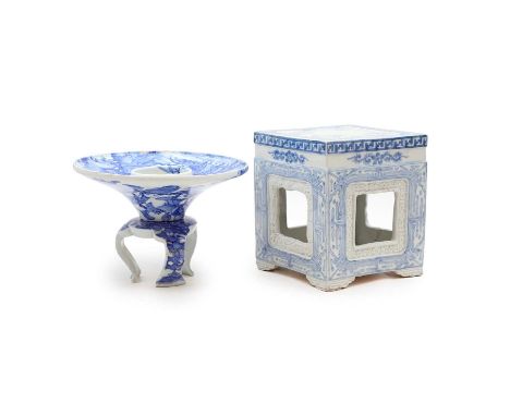 Two Japanese blue and white stands, 19th-20th century, comprising:one trumpet form supported on a stand with three S-shaped l