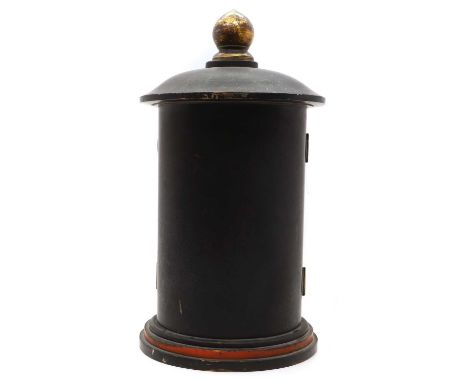 A black lacquered shrine 19th century, of cylindrical shape, with engraved gilt metal mounts55cm highand a wall shelf, 53cm h