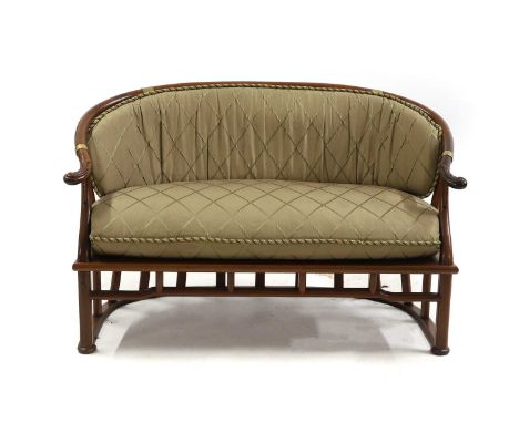 A Chinese design hardwood canape, 20th century, the cushioned pad back and seat on stretchered supports,122cm wide60cm deep77