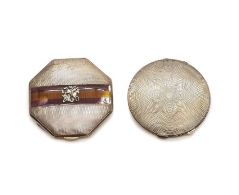 Two silver compacts, 19th century, of octagonal form with engine-turned decoration and striped enamel detailing, 8.5cm wide, 