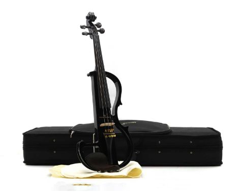 A Paul Michael Stanton electric violin, in a black metallic finish, length of back 355mm, complete with bow and fitted caseCo