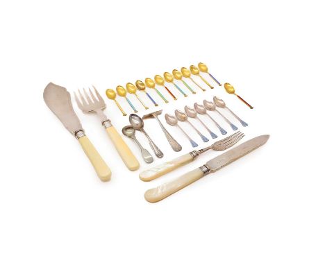 A collection of silver items, to include two sets of Norweigian silver gilt and enamel coffee spoons, marked 'Sterling 925', 