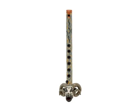 ▲ Neil Ions (b.1949), an earthenware flute, dated 4 August 1986, with a ram's head terminal,10cm wide35cm long 6cm highCondit
